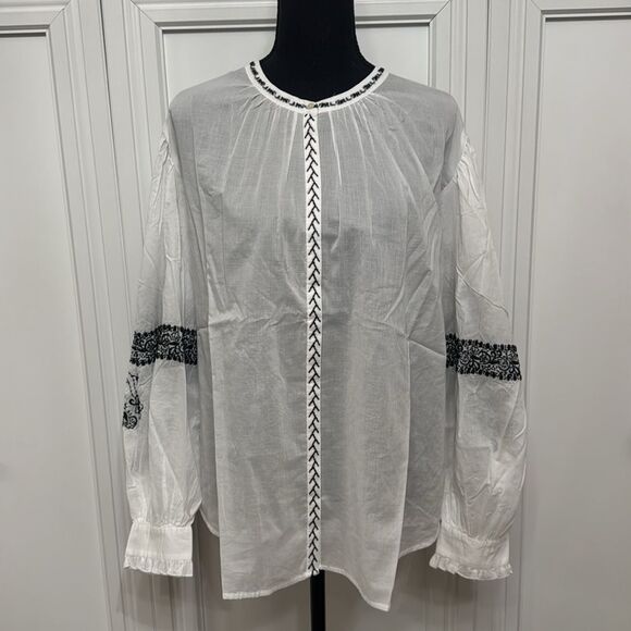 Johnny Was Kivi White Long Sleeve‎ Blouse with Black Embroidery - Picture 2 of 7